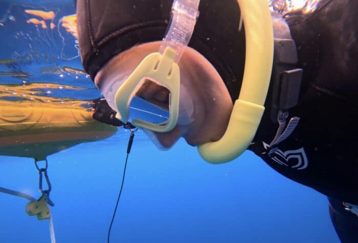 Breathing into the AGULHAS Cepedianus snorkel and wearing the MOKARRAN Mask next to a freediving buoy.