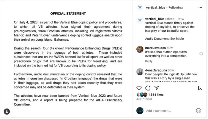 Vertical Blue posted an official statement regarding the July 4th doping control luggage search on its Instagram account.