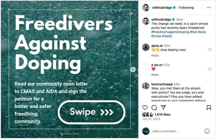 William Trubridge posted a petition addressed to AIDA International and CMAS on his official Instagram account. Source: William Trubridge Instagram Profile