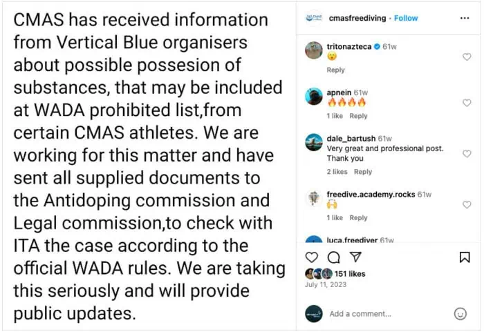 On its official Instagram account, CMAS stated that it provisionally suspended Vitomir Maricic and Petar Klovar from any sports activities.  Source: CMAS Instagram Profile