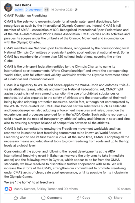Director of CMAS Freediving Commission Tolis Bellos posts about CMAS' position on freediving on the CMAS Freediving International Facebook group.