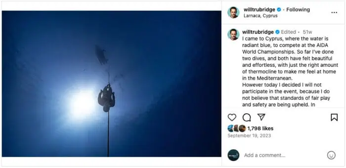 William Trubridge announces that he will no longer participate in the 31st AIDA Freediving World Championship after completing two dives. Source: William Trubridge Instagram Profile