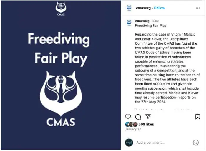 CMAS announced that Vitomir Maricic and Petar Klovar had been found guilty of breaches of the CMAS Code of Ethics.  Source: CMAS Instagram Profile