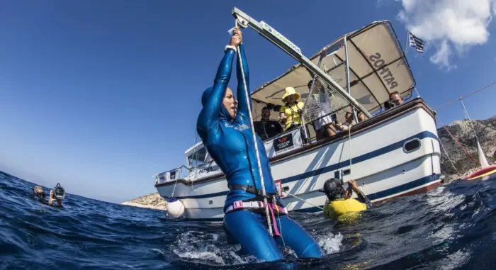 Ukranian freediving athlete Nataliia Zharkova at a freediving competition.