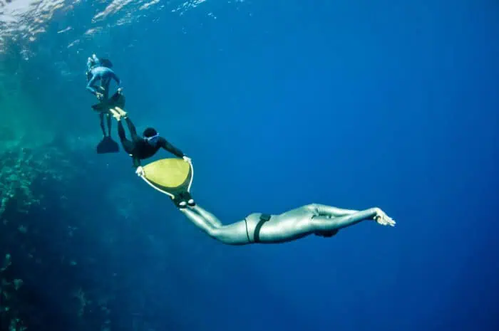 People freediving together in the Red Sea