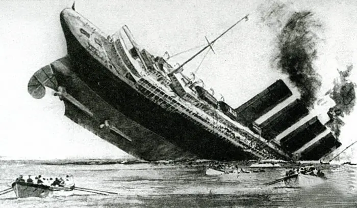 Sinking of the ocean liner "Lusitania" (sketch from the English newspaper, May 1915)