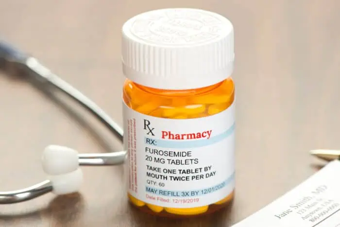 A prescription bottle of furosemide 20mg tablets.