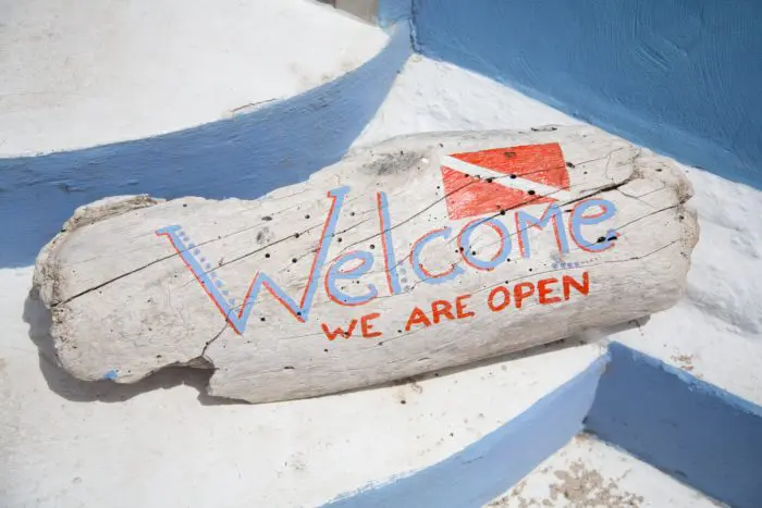 A Welcome sign outside a dive shop in the Caribbean.