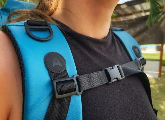 The chest strap and key ring on the AGULHAS Backpack.