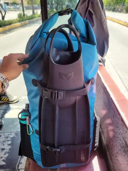Holding on tight to the AGULHAS Backpack on a jeepney in the Philippines.