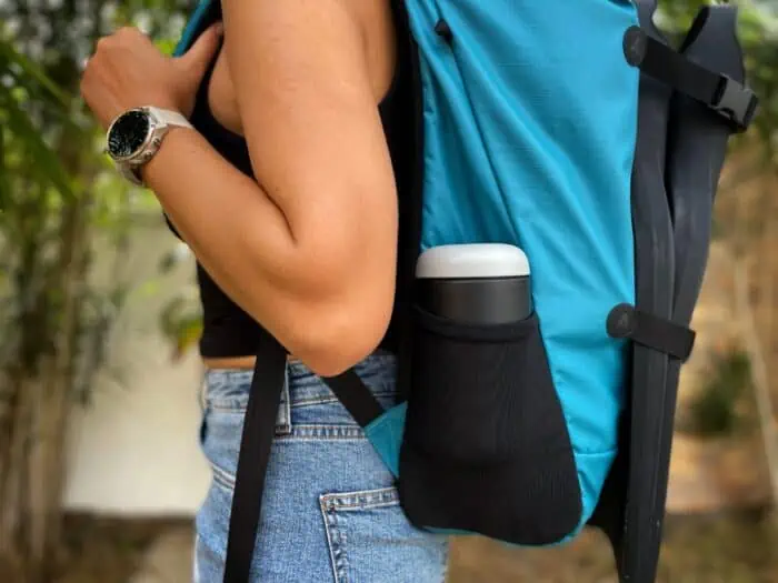 One of two side pockets on the AGULHAS Backpack for your water bottle.