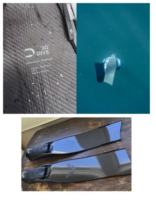 The Vertical Blue Blackfin - Note the reinforcement pattern on the underside of the blade - visible in the top left and right photos (asymmetric lighting makes them look like scratches in the dive photo - but the markings are bilaterally symmetrical).