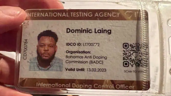 A photo of the doping control officer’s expired ID badge taken on July 4, 2023. Photo provided by Tory George.