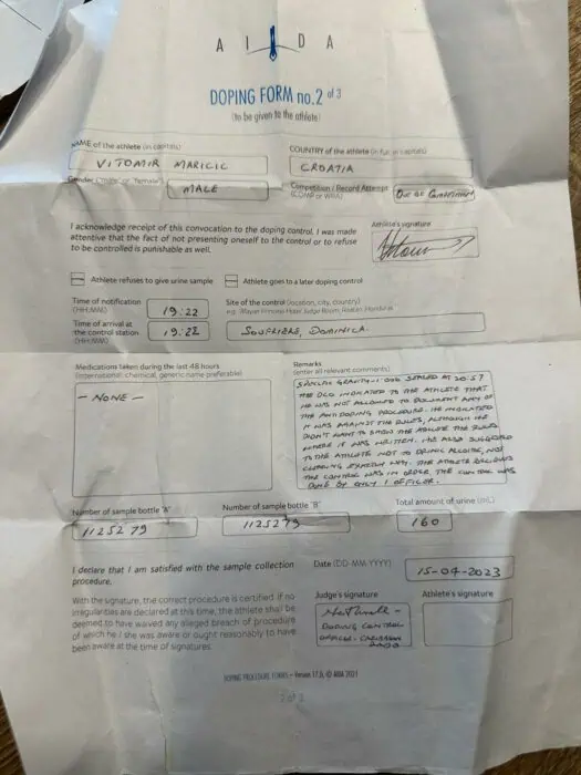 Vitomir Maricic's doping control form from the April 15, 2023 doping control in Dominica ordered by the Caribbean RADO with AIDA doping control forms. Photo provided by Vitomir Maricic.