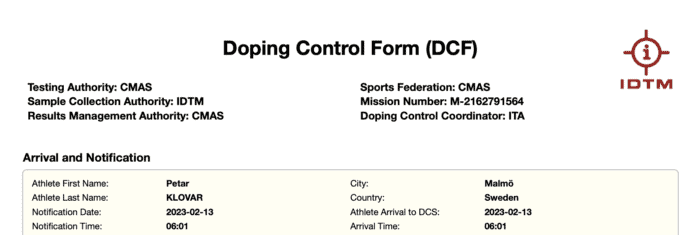 A doping control form for Croatian freediving athlete Petar Klovar, who underwent a doping control on February 13, 2023, in Malmo, Sweden.