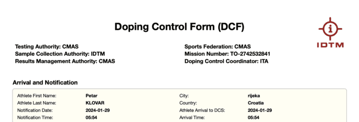 A doping control form from January 29, 2024, showing details of a doping control conducted on Croatian freediver Petar Klovar in Rijeka, Croatia.