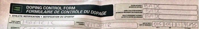 Vitomir Maricic’s doping control form from the July 4, 2023 doping control shortly before Vertical Blue 2023. Photo provided by Vitomir Maricic.