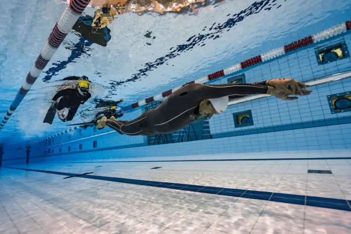 A freediver doing dynamic apnea at the AIDA 2016 Freediving World Pool Championships.