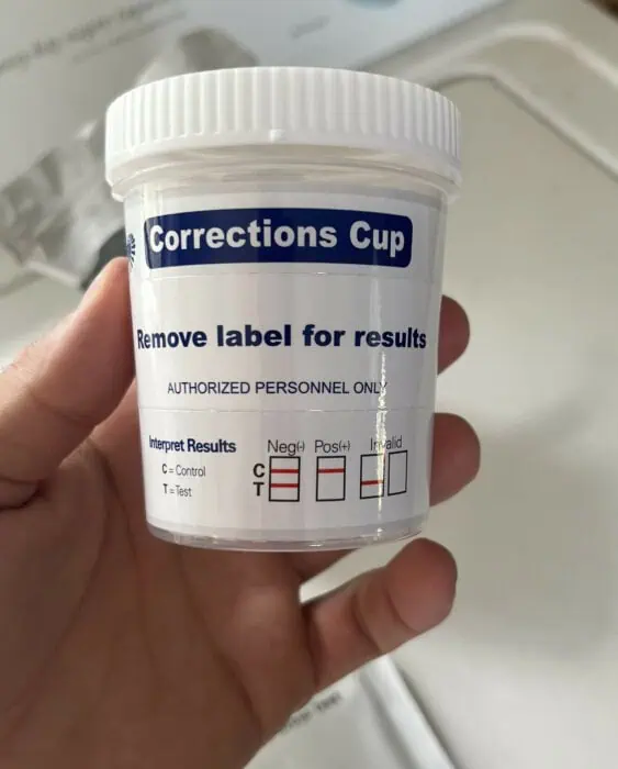 Multi-panel urine drug test cup William Trubridge used to unofficially test athletes for benzodiazepines on the third competition day of Vertical Blue 2023. Photo provided by Tory George.