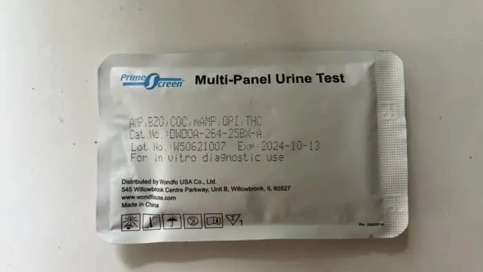Packaging of the multi-panel urine drug test William Trubridge used to unofficially test athletes for benzodiazepines on the third competition day of Vertical Blue 2023. Photo provided by Tory George.