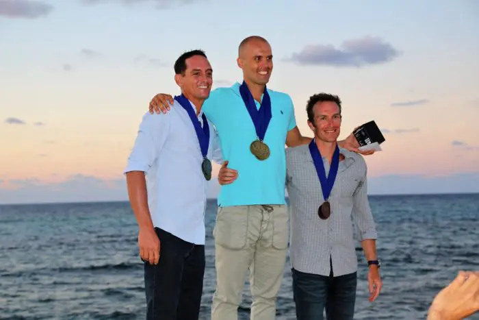 Vertical Blue Overall winners for the men 1st Alexey Molchanov, 2nd William Trubridge, 3rd Morgan Bourc'his (photo © Howard Holtzman)