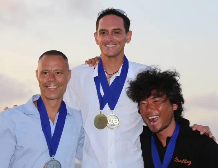 The deepest men in FIM at Vertical Blue 2016, with William Trubridge in first place. Photo by Howard Holtzman.