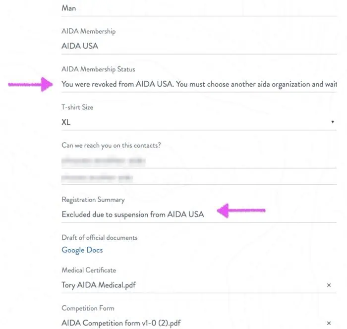 A screenshot from the 31st AIDA Freediving World Championship registration page showing that Tory George’s AIDA USA membership was revoked - a membership status that prevented him from participating in the competition.