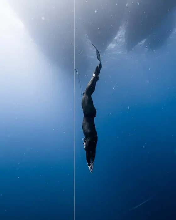 Tory George setting a 109m (358ft) North American Continental Record in CWT at the 2022 CMAS Freediving Outdoor World Championship in Kas, Turkey. Photo by Mitchell Brown.