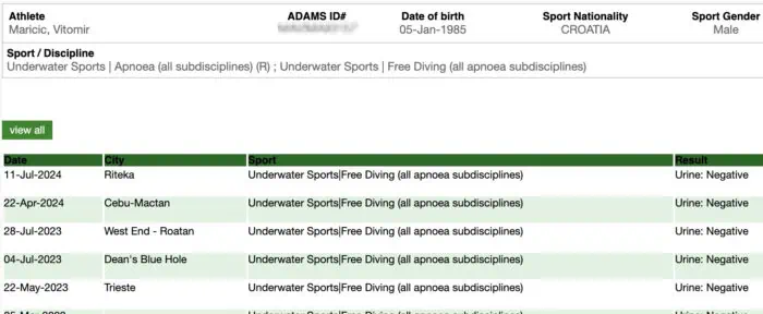 Vitomir Mari?i?’s ADAMS profile shows that his doping control taken on July 4, 2023, at Dean’s Blue Hole came back negative. Screenshot provided by Vitomir Mari?i?.