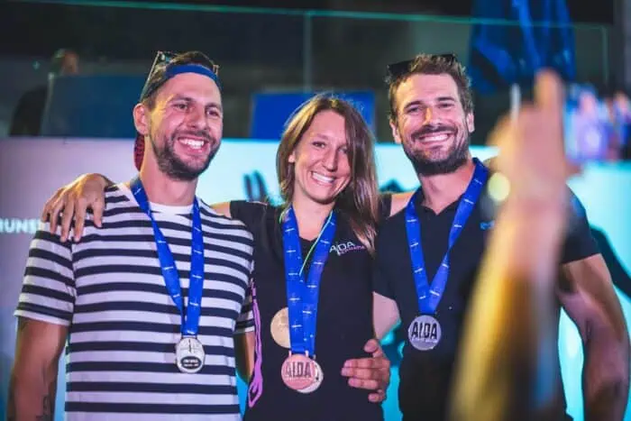 Croatian freediving athletes Petar Klovar, Sanda Delija, and Vitomir Maricic at the 31st AIDA World Freediving Championship held in Cyprus in 2023. Photo by Federico Buzzoni.