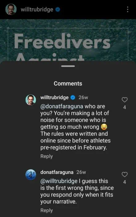 Amidst the freediving doping controversy, William Trubridge stated in an Instagram comment that the rules and regulations were written and online before athlete pre-registration in February.