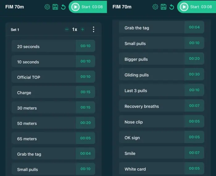Screenshot from the Workout Timer app for a 70m (230ft) FIM dive visualization.